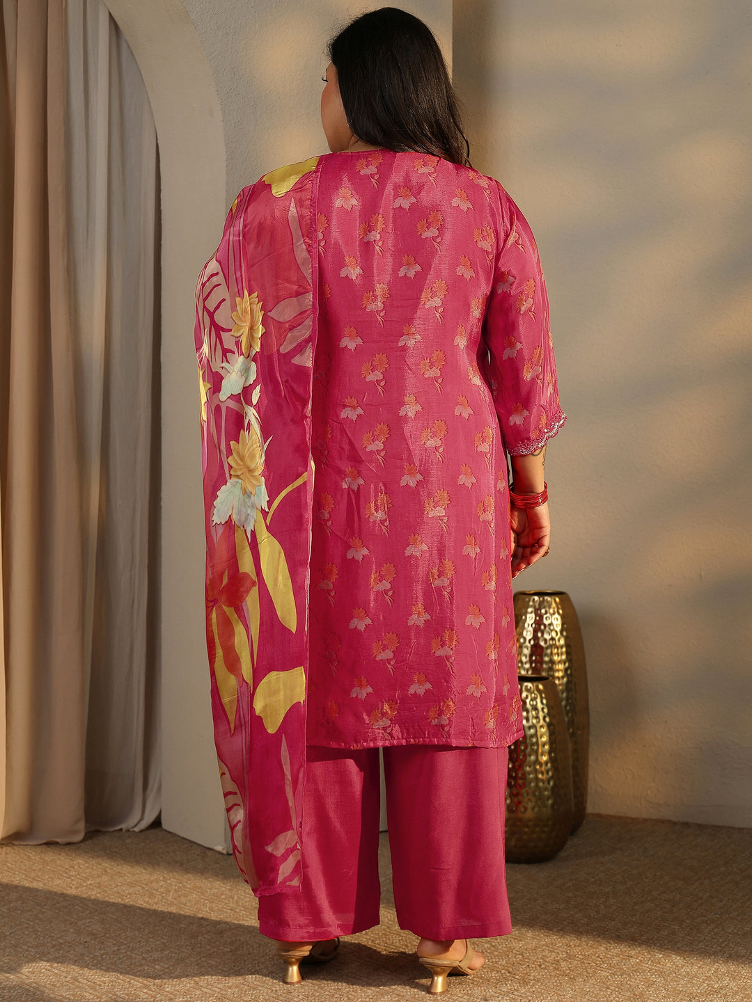 Plus Size Red Printed Crepe Straight Suit Set With Dupatta