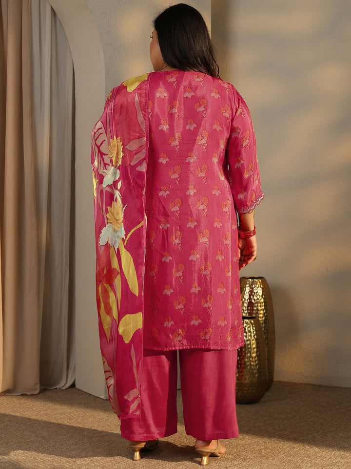 Plus Size Red Printed Crepe Straight Suit Set With Dupatta