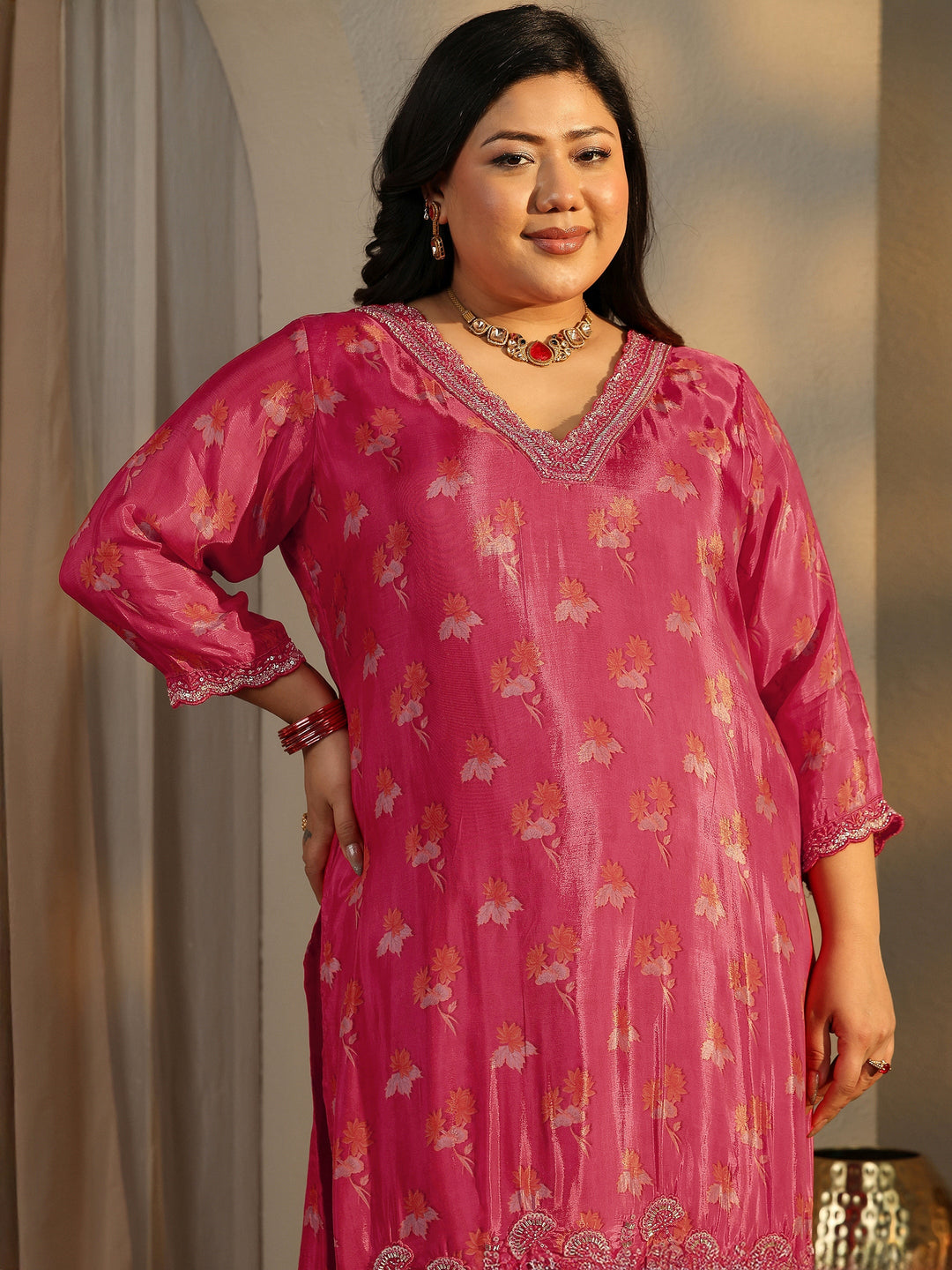 Plus Size Red Printed Crepe Straight Suit Set With Dupatta