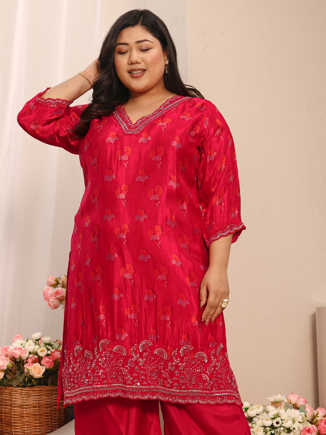 Plus Size Red Printed Crepe Straight Suit Set With Dupatta