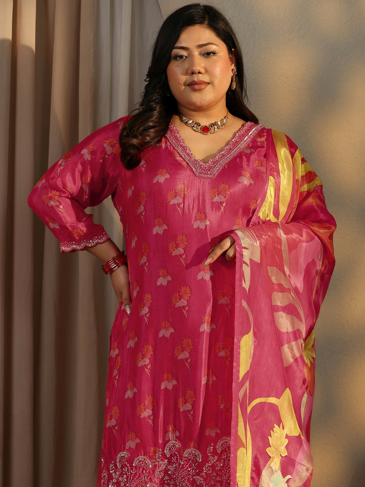 Plus Size Red Printed Crepe Straight Suit Set With Dupatta