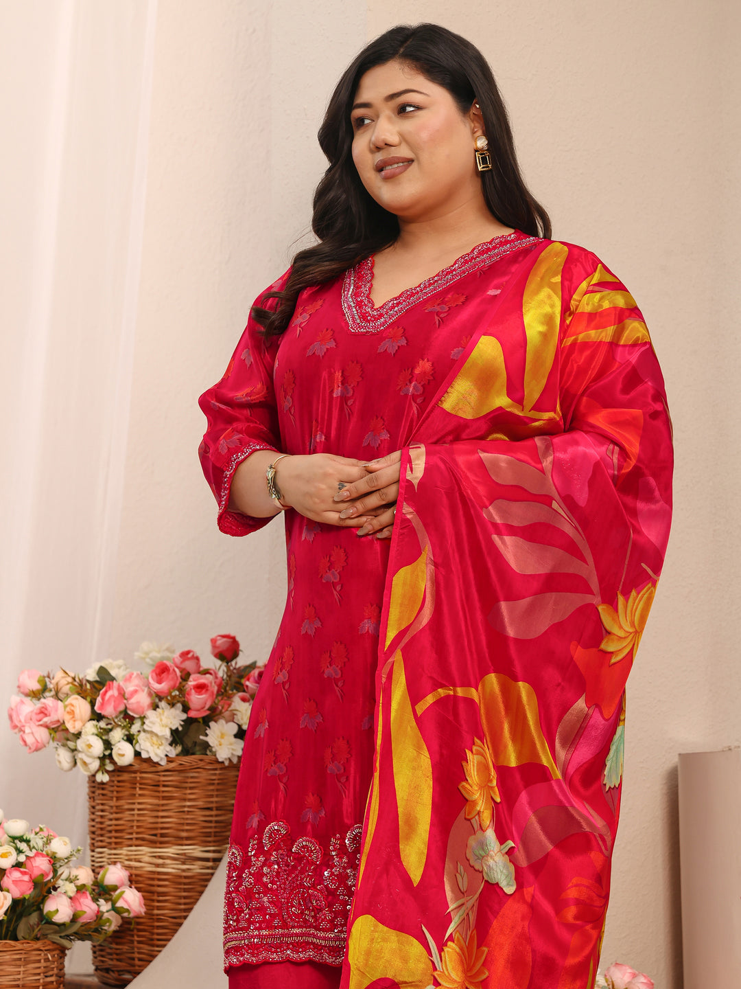 Plus Size Red Printed Crepe Straight Suit Set With Dupatta