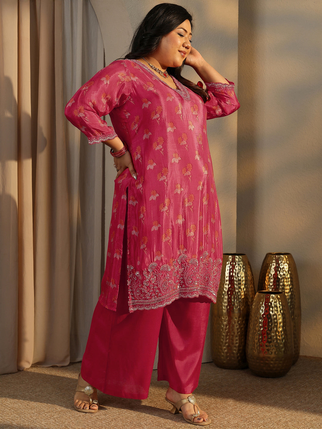 Plus Size Red Printed Crepe Straight Suit Set With Dupatta