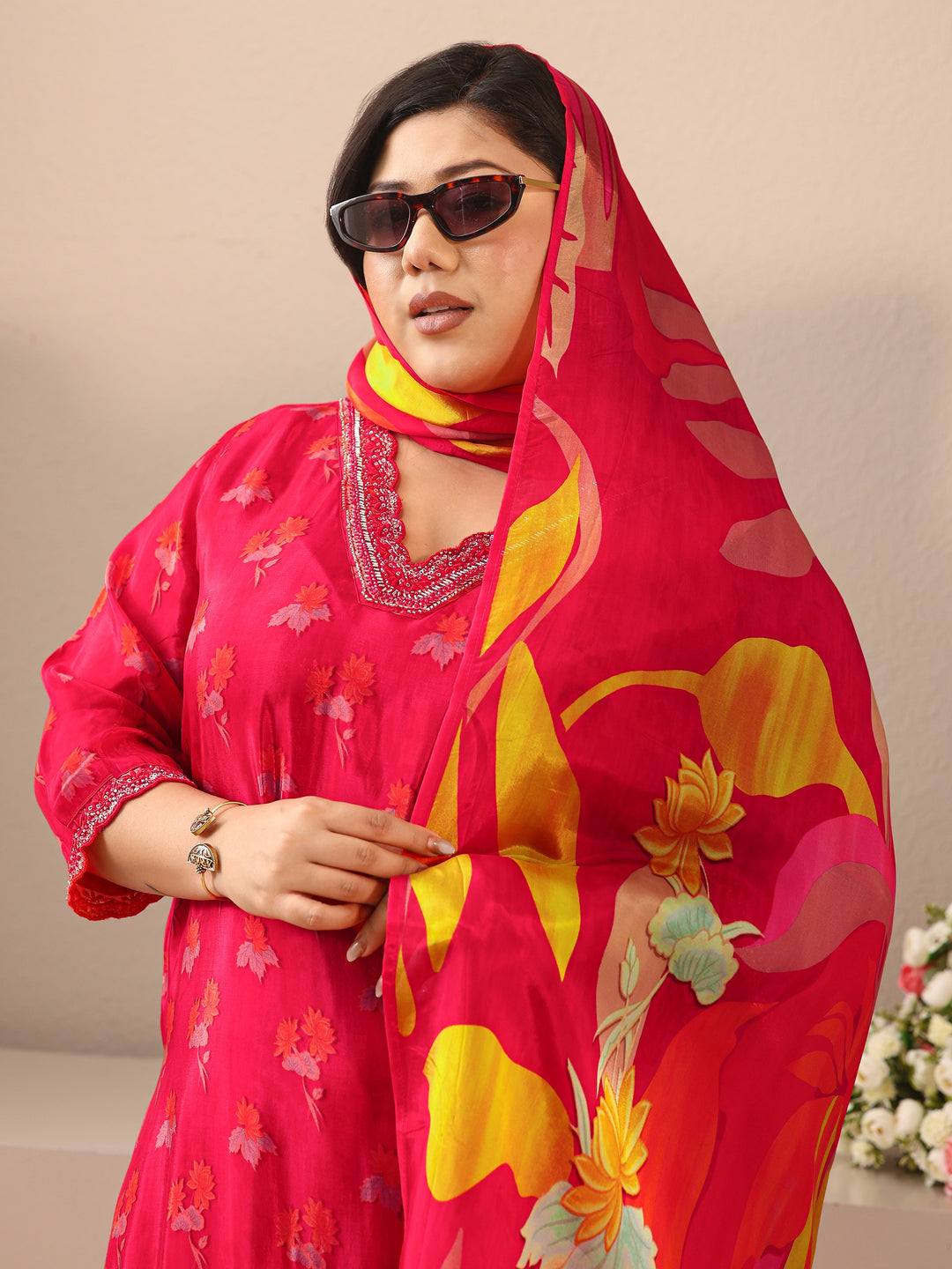 Plus Size Red Printed Crepe Straight Suit Set With Dupatta