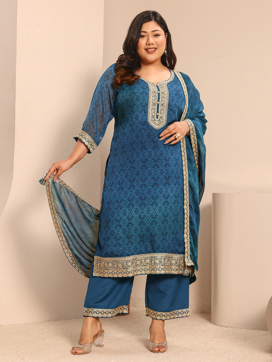 Plus Size Teal Printed Chiffon Straight Suit Set With Dupatta