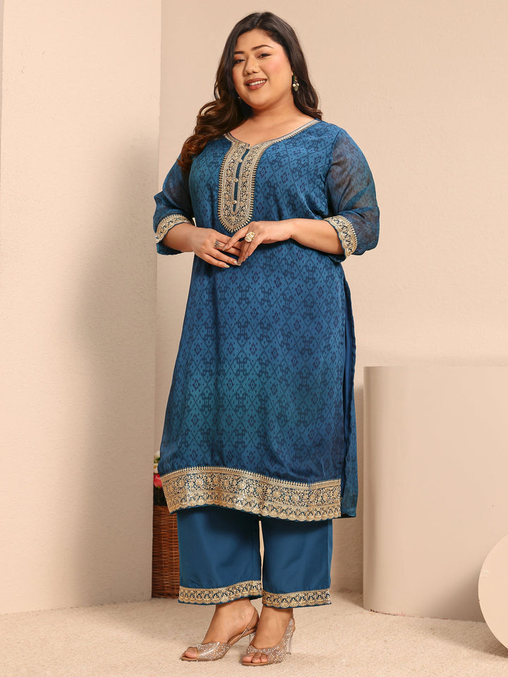 Plus Size Teal Printed Chiffon Straight Suit Set With Dupatta