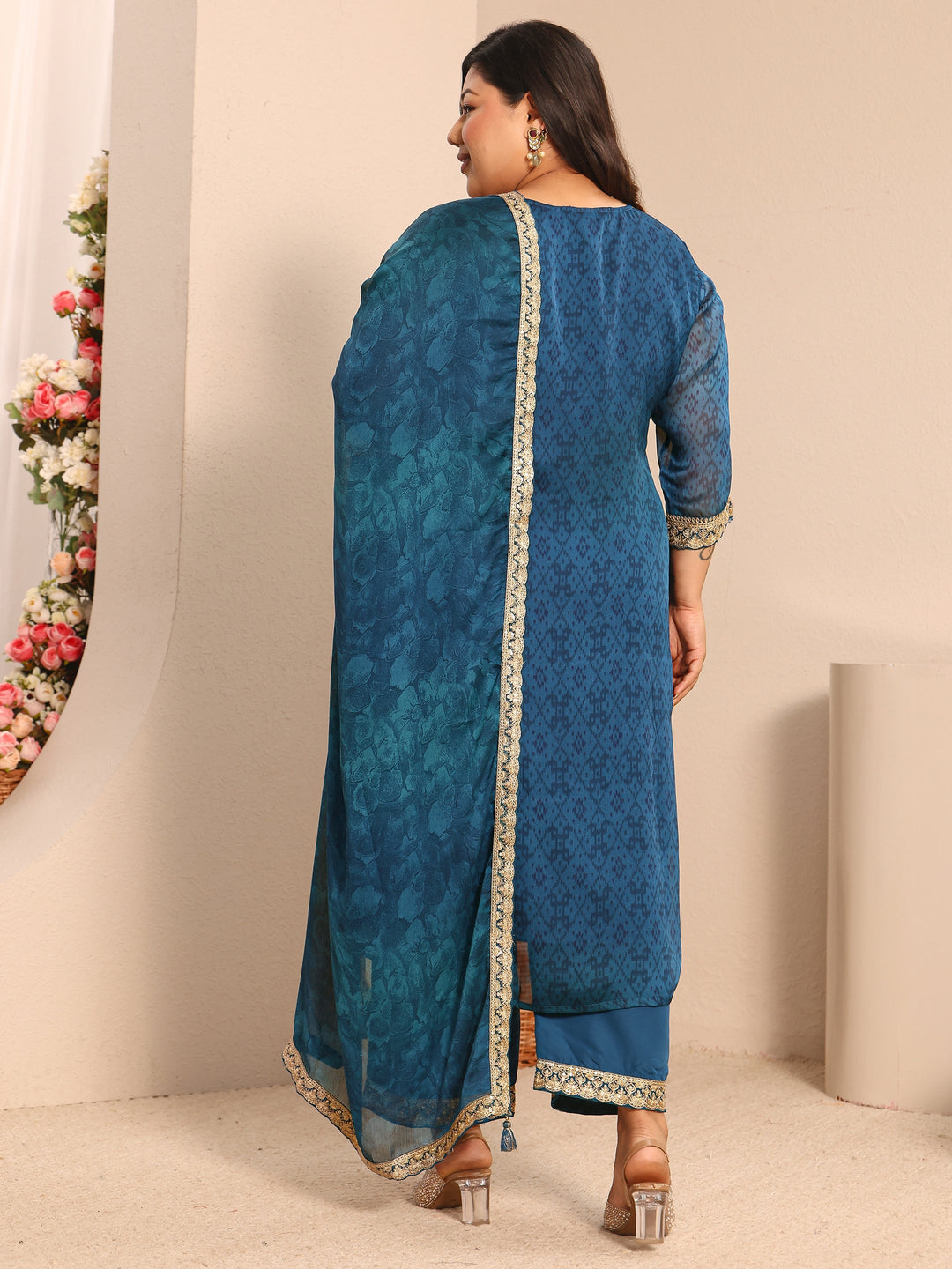 Plus Size Teal Printed Chiffon Straight Suit Set With Dupatta