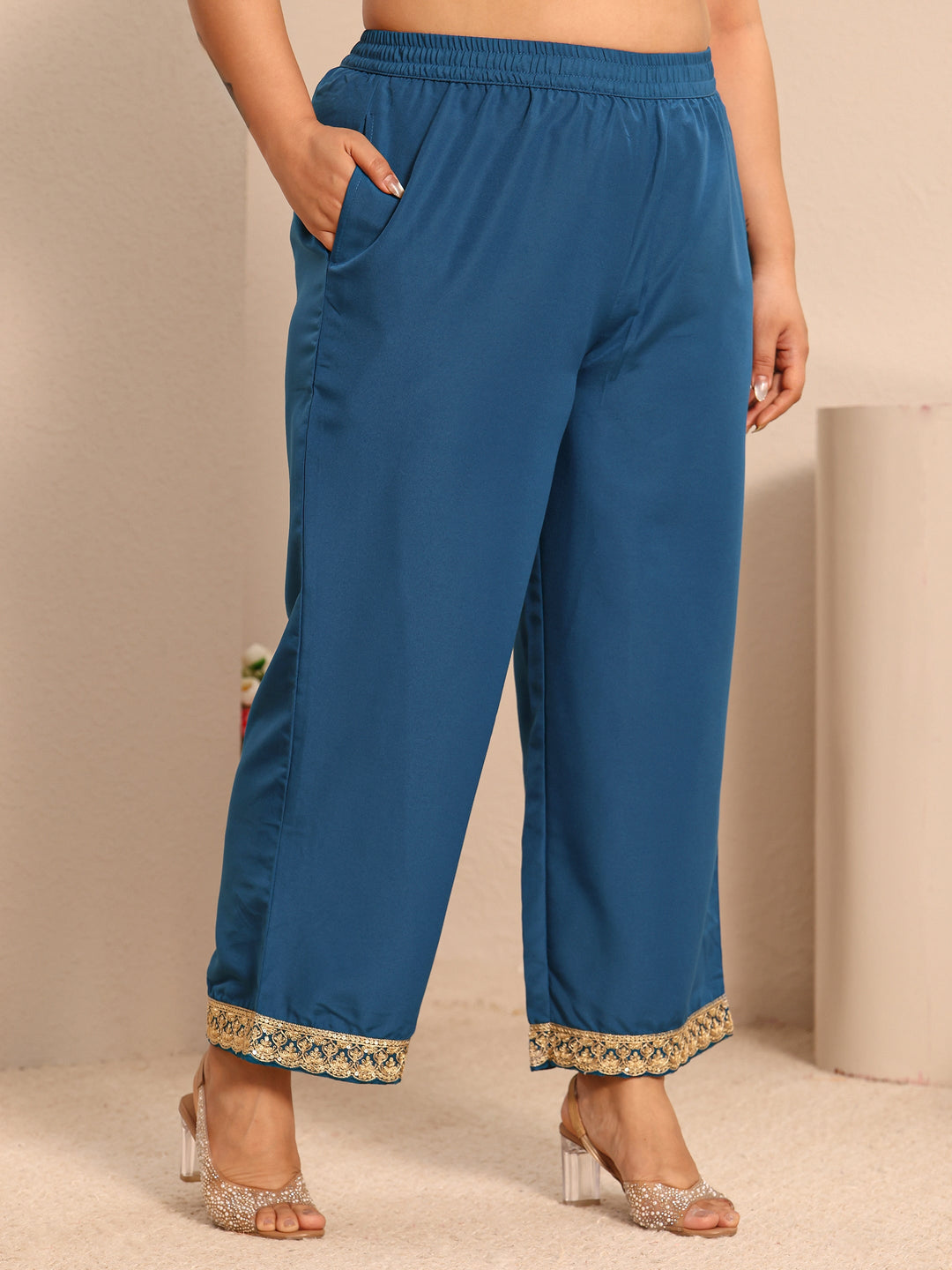Plus Size Teal Printed Chiffon Straight Suit Set With Dupatta