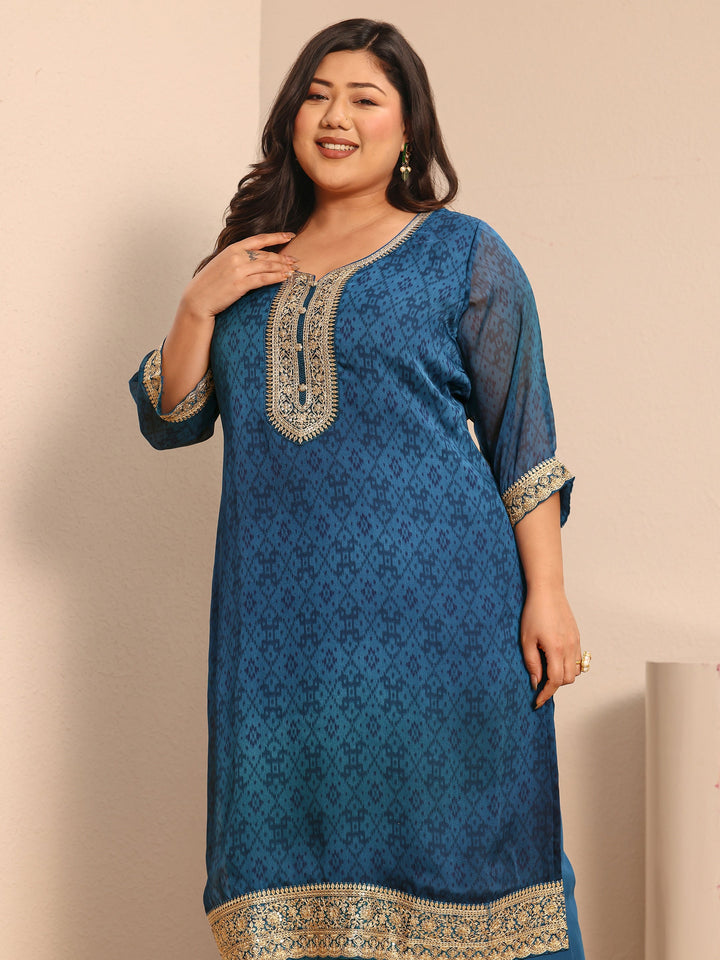Plus Size Teal Printed Chiffon Straight Suit Set With Dupatta