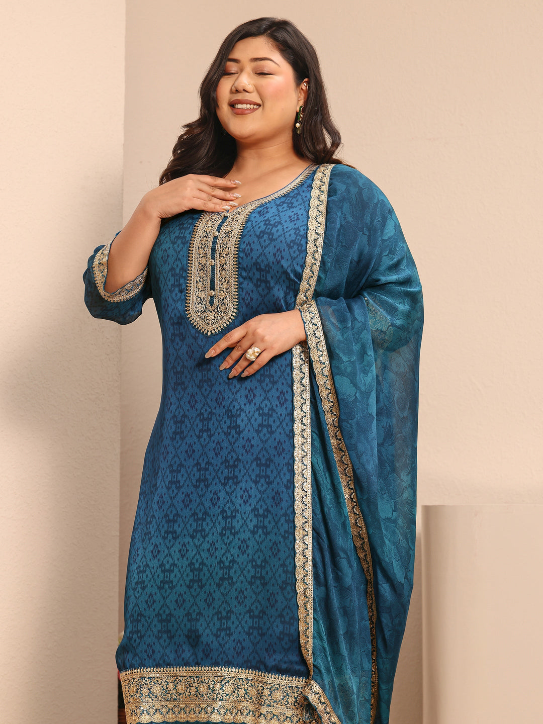 Plus Size Teal Printed Chiffon Straight Suit Set With Dupatta