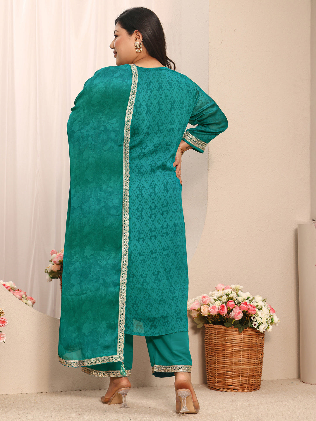 Plus Size Green Printed Chiffon Straight Suit Set With Dupatta