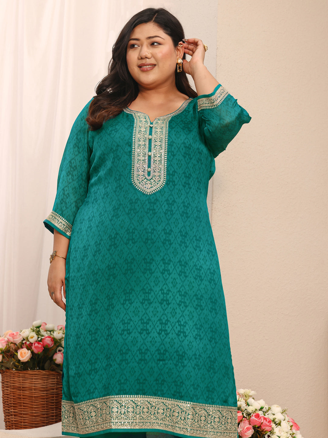 Plus Size Green Printed Chiffon Straight Suit Set With Dupatta