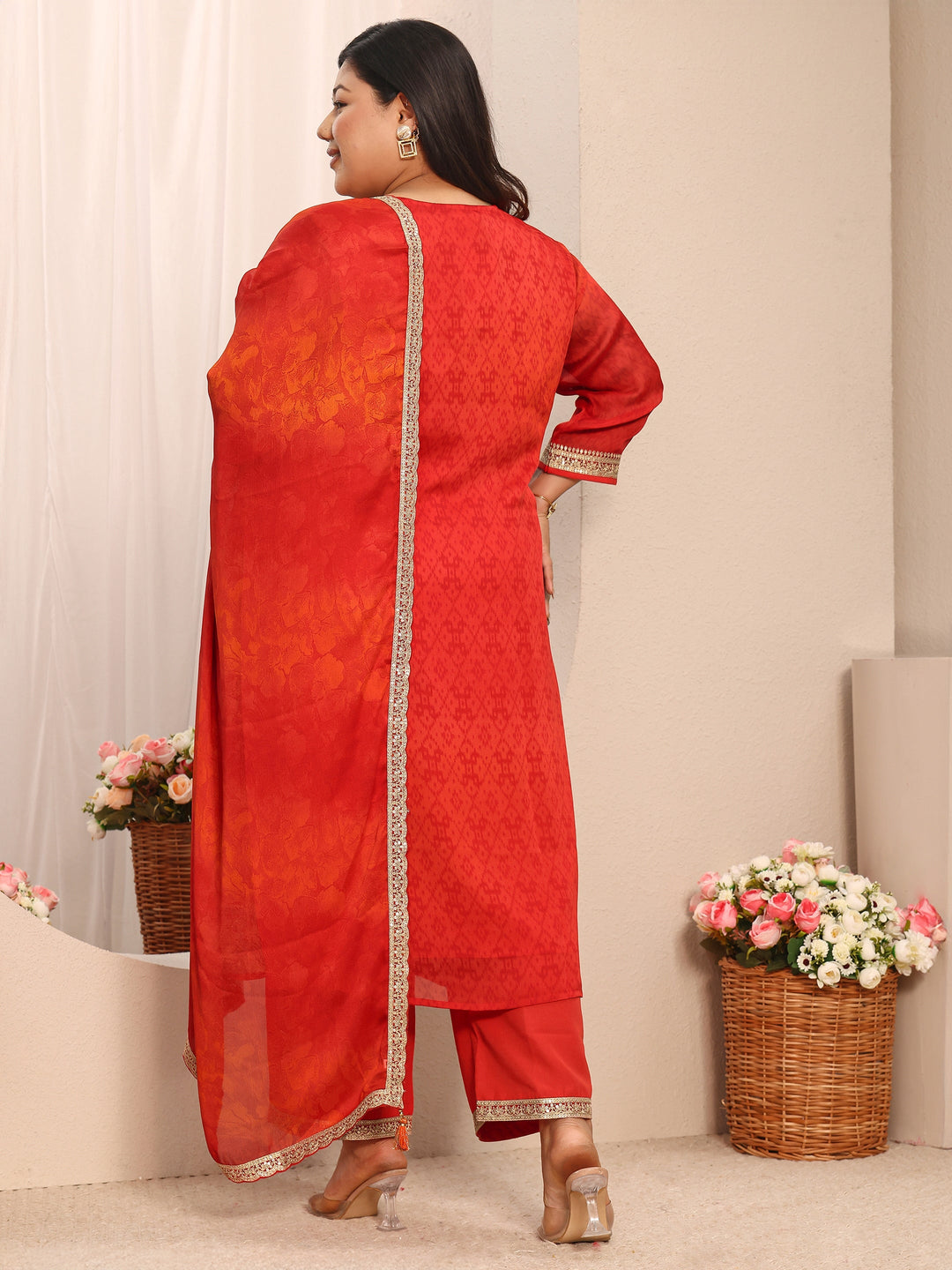 Plus Size Red Printed Chiffon Straight Suit Set With Dupatta