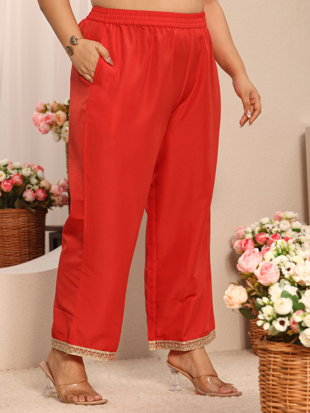 Plus Size Red Printed Chiffon Straight Suit Set With Dupatta