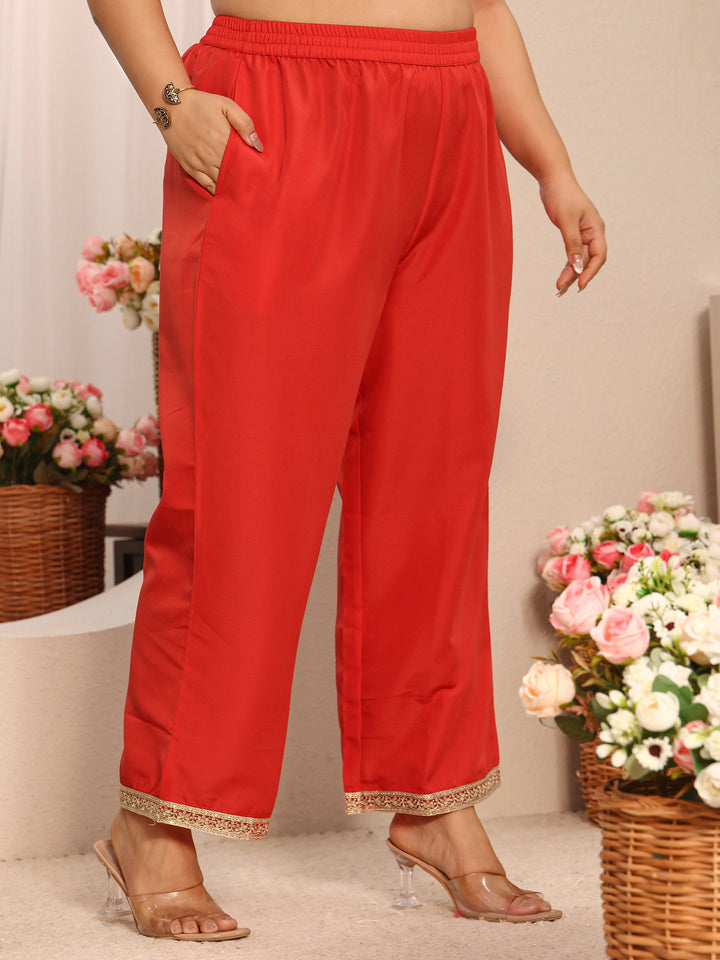 Plus Size Red Printed Chiffon Straight Suit Set With Dupatta