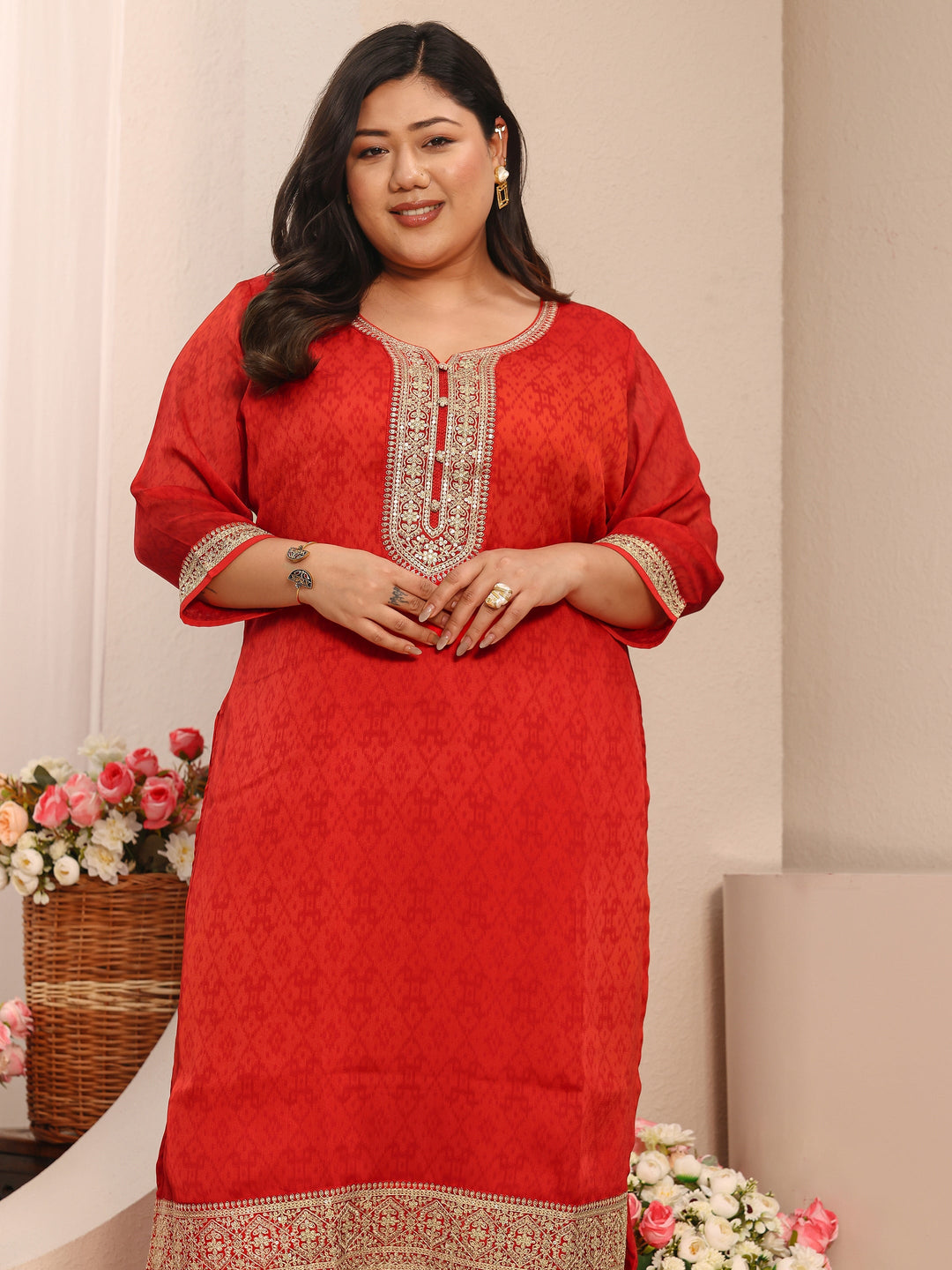 Plus Size Red Printed Chiffon Straight Suit Set With Dupatta