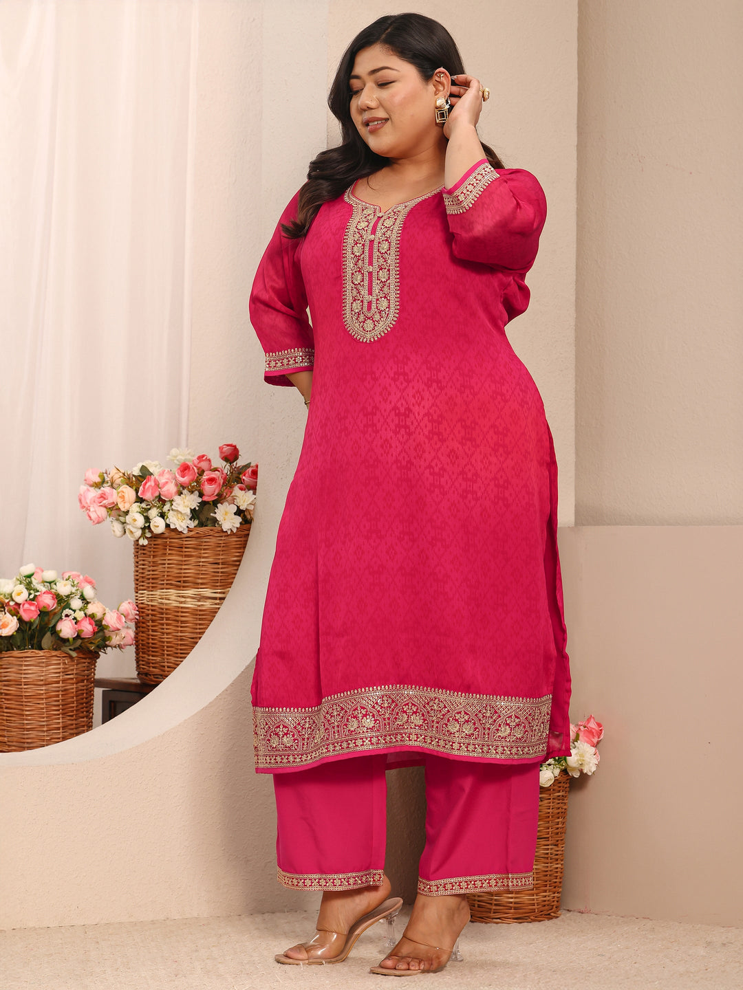 Plus Size Pink Printed Chiffon Straight Suit Set With Dupatta