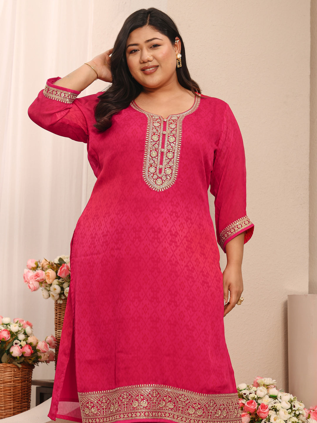 Plus Size Pink Printed Chiffon Straight Suit Set With Dupatta
