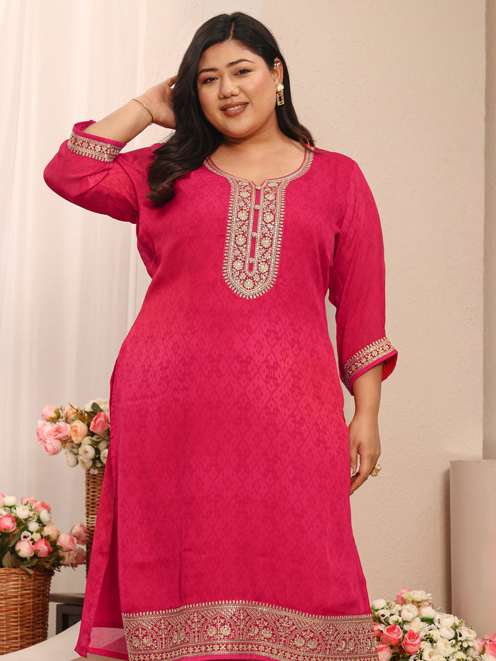 Plus Size Pink Printed Chiffon Straight Suit Set With Dupatta