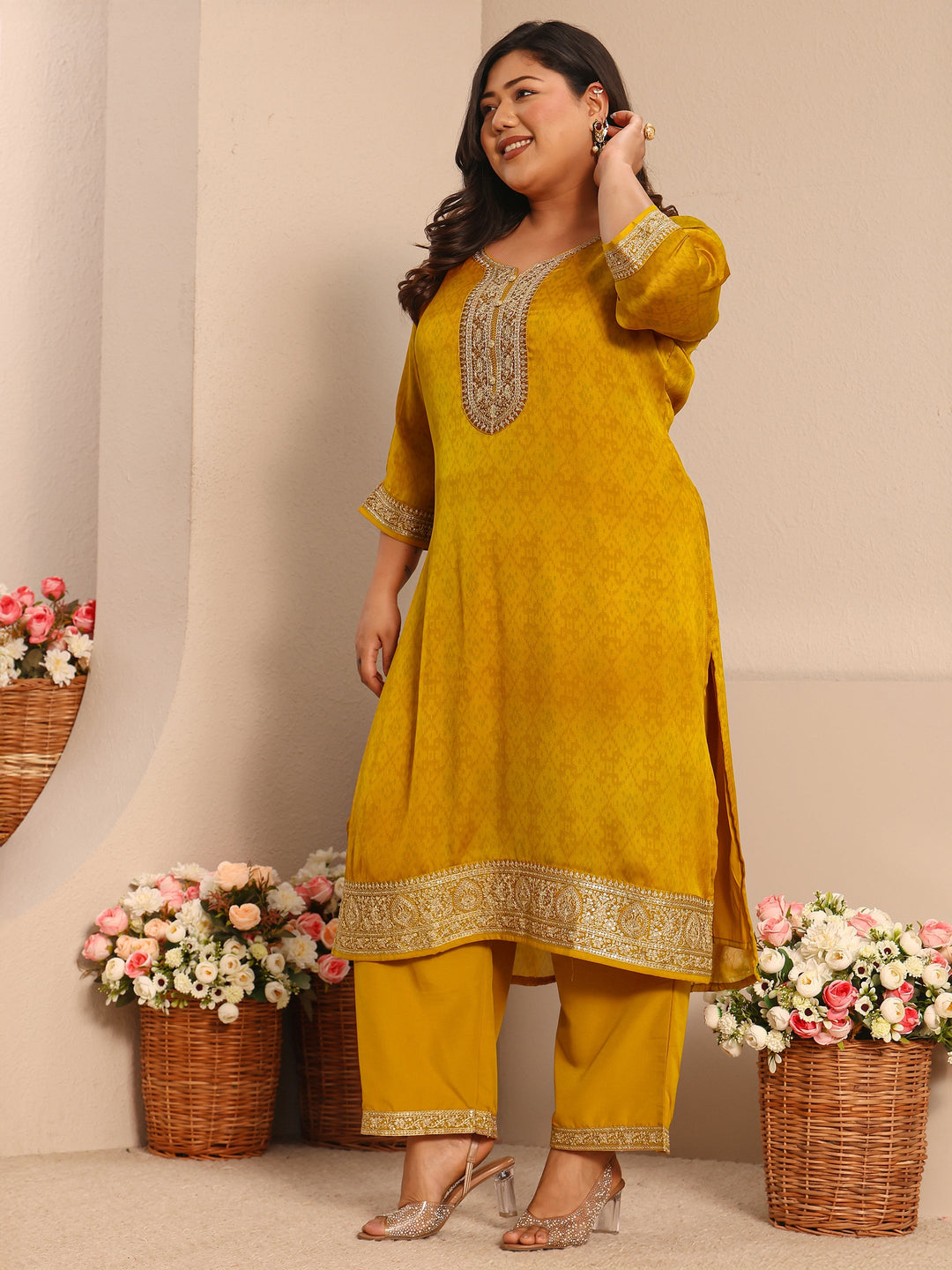 Plus Size Mustard Embroidered Chiffon Straight Suit Set With Dupatta