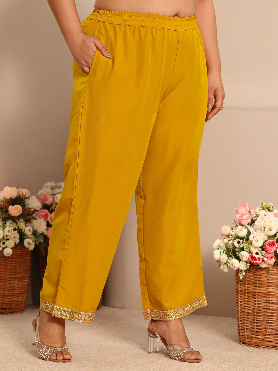 Plus Size Mustard Embroidered Chiffon Straight Suit Set With Dupatta