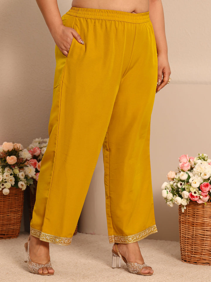 Plus Size Mustard Embroidered Chiffon Straight Suit Set With Dupatta