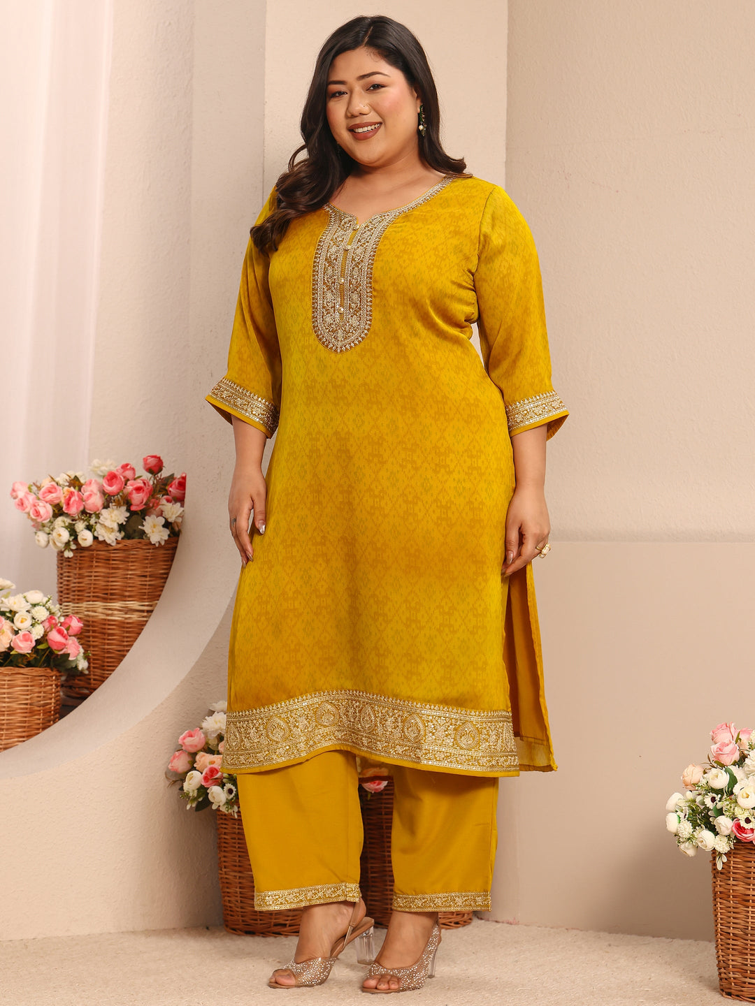 Plus Size Mustard Embroidered Chiffon Straight Suit Set With Dupatta