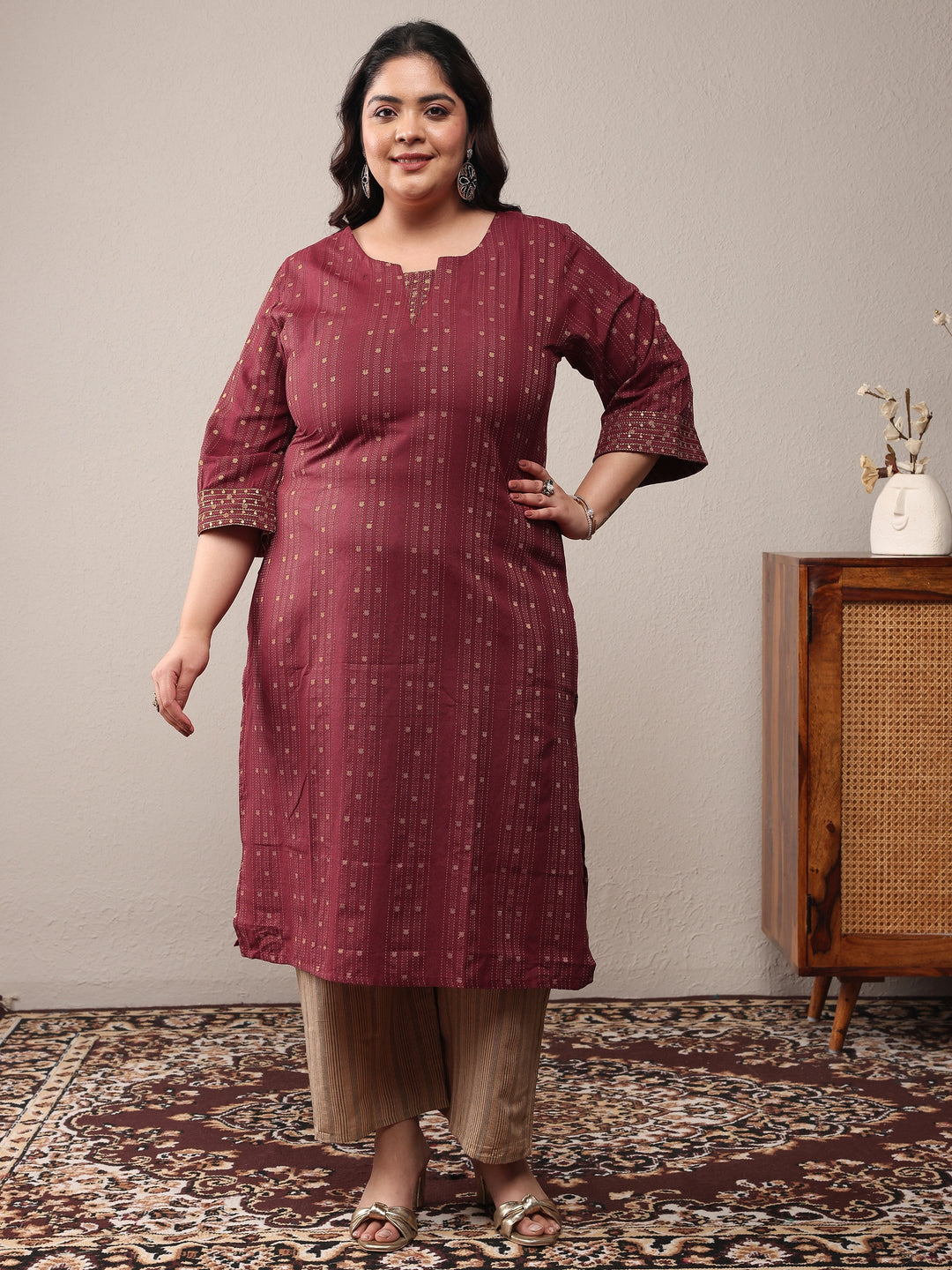 Plus Size Rust Woven Design Cotton Blend Straight Kurta Set