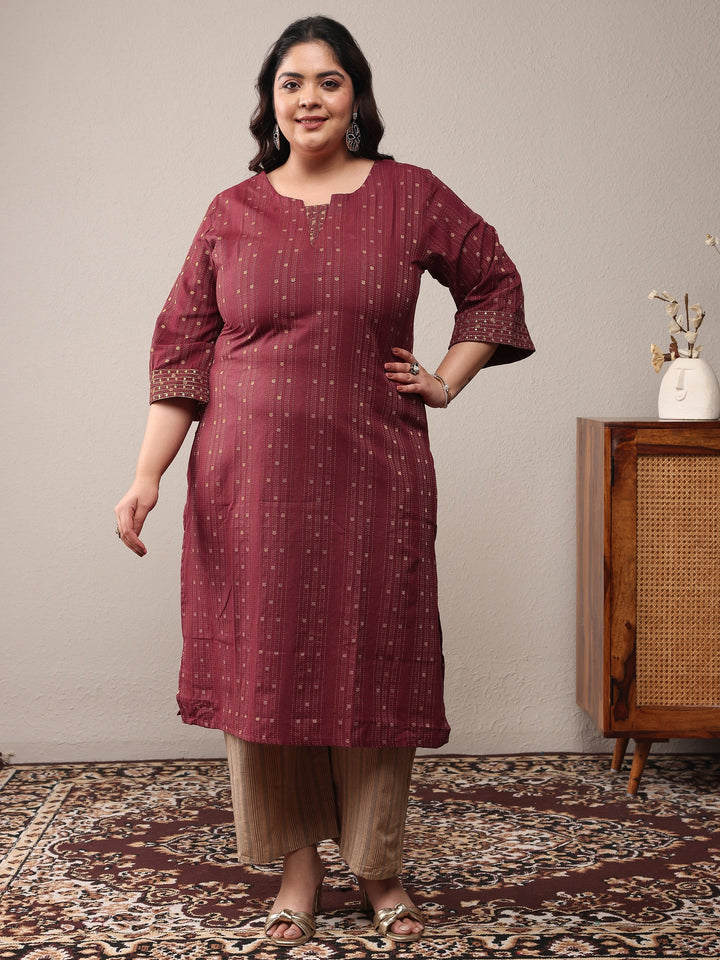 Plus Size Rust Woven Design Cotton Blend Straight Kurta Set