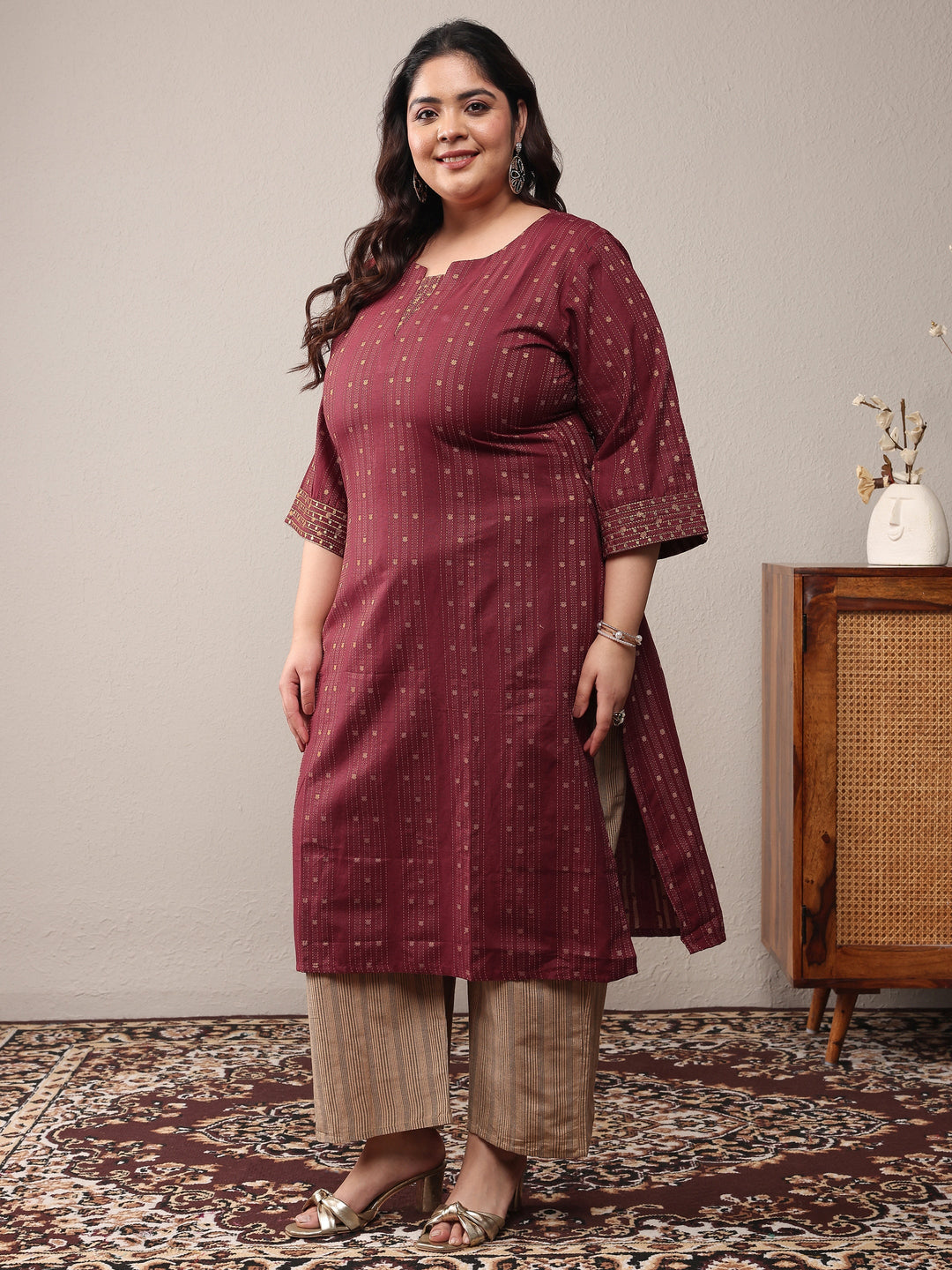 Plus Size Rust Woven Design Cotton Blend Straight Kurta Set