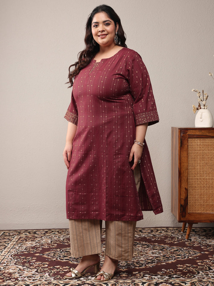 Plus Size Rust Woven Design Cotton Blend Straight Kurta Set
