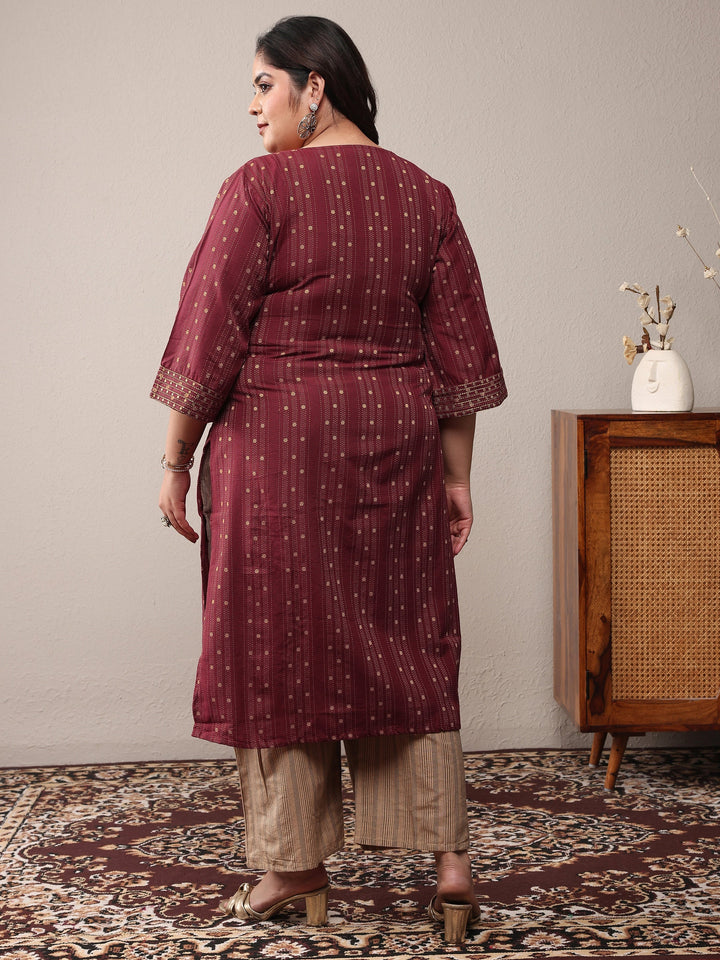 Plus Size Rust Woven Design Cotton Blend Straight Kurta Set