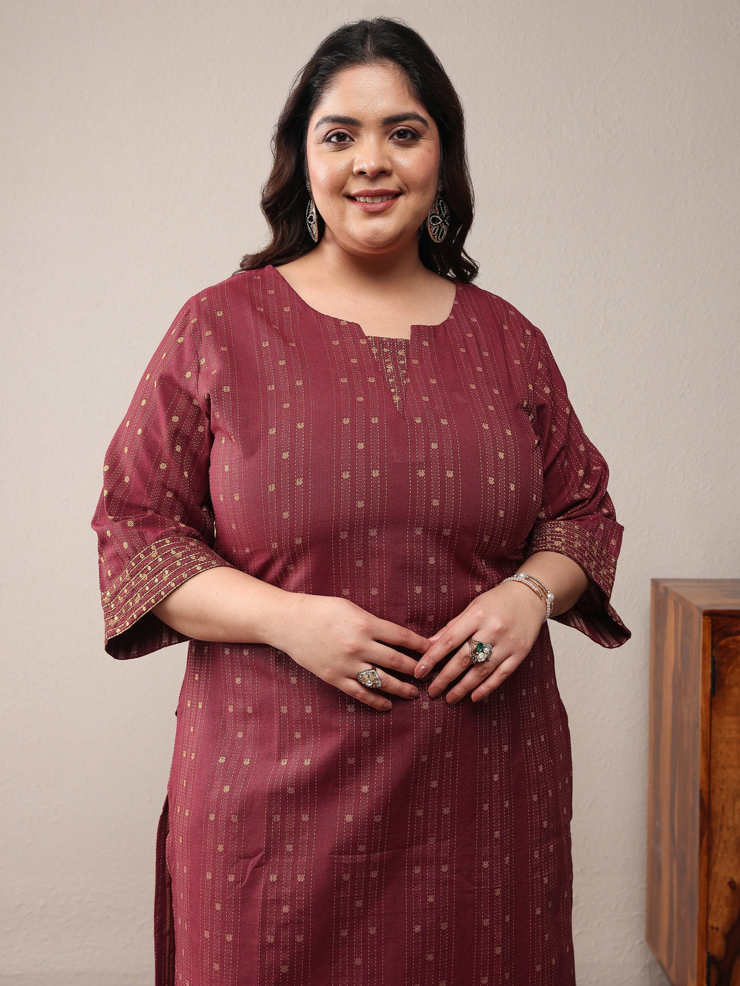 Plus Size Rust Woven Design Cotton Blend Straight Kurta Set