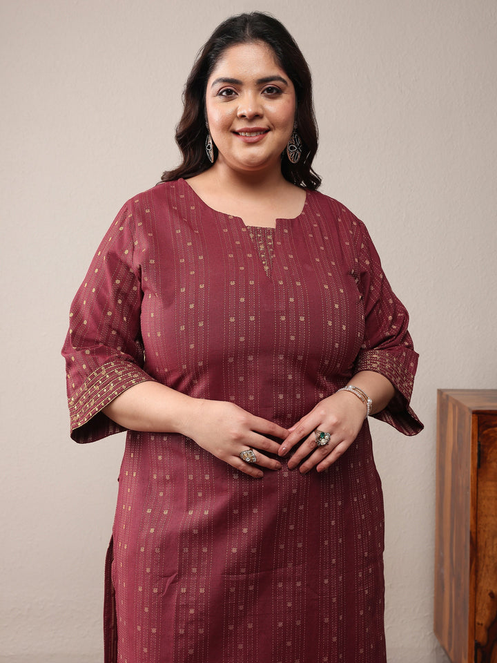 Plus Size Rust Woven Design Cotton Blend Straight Kurta Set
