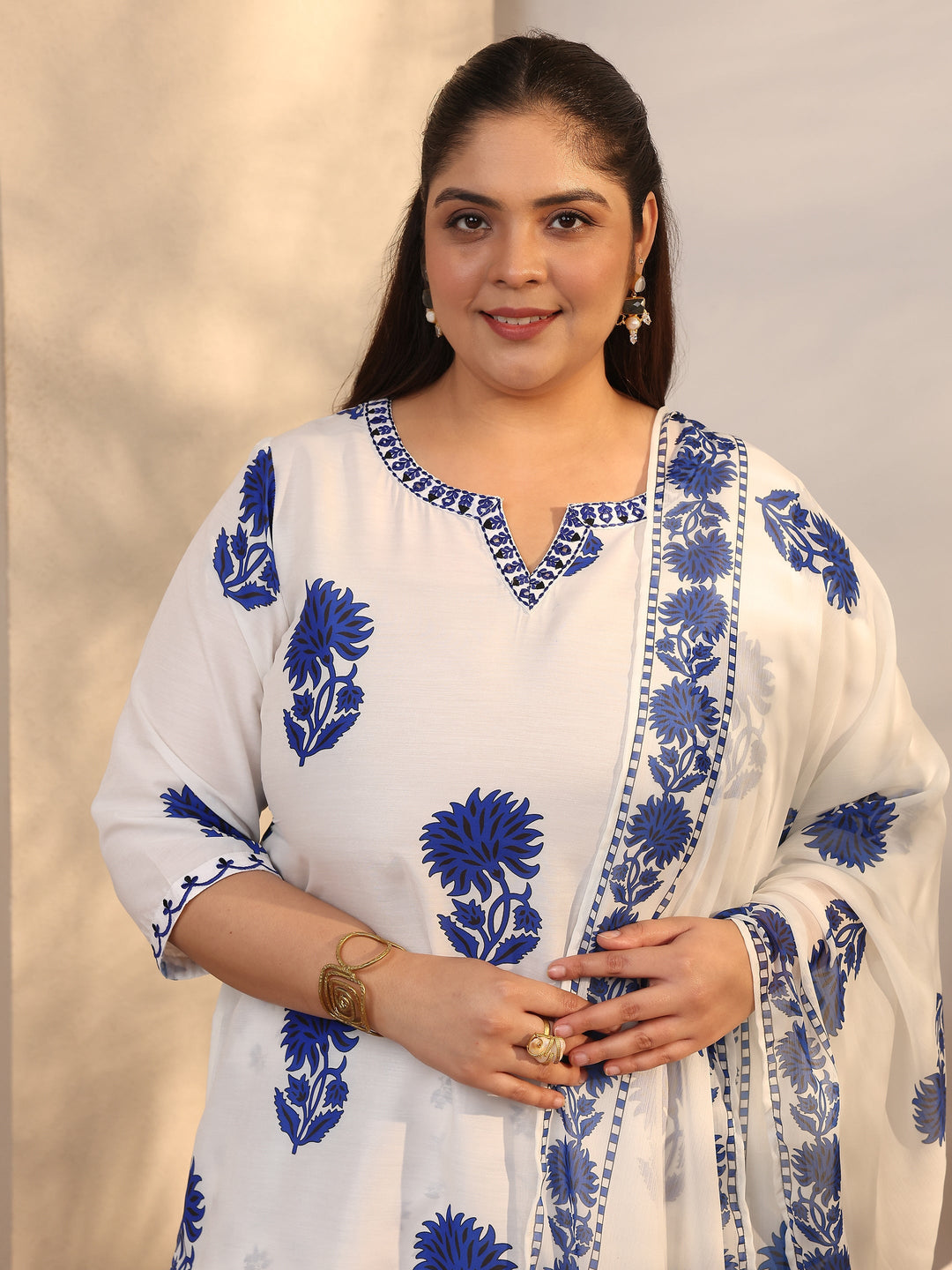 Plus Size White Printed Silk blend Straight Suit Set With Dupatta