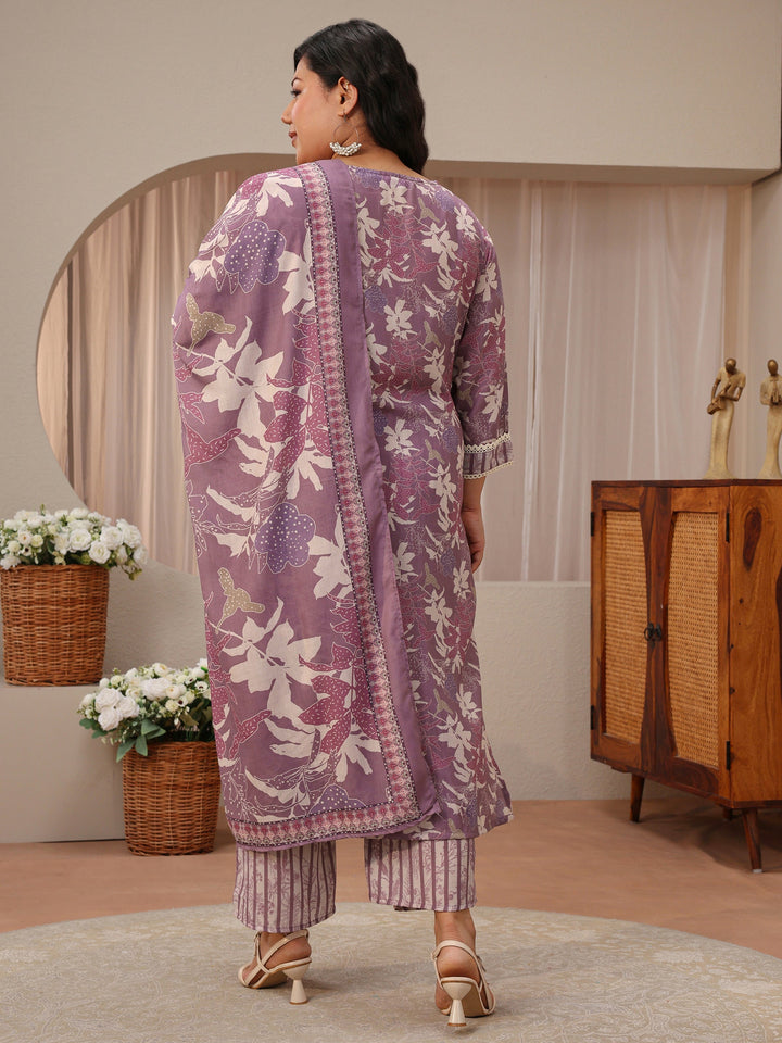 Plus Size Lavender Floral Print Cotton Blend Straight Suit Set