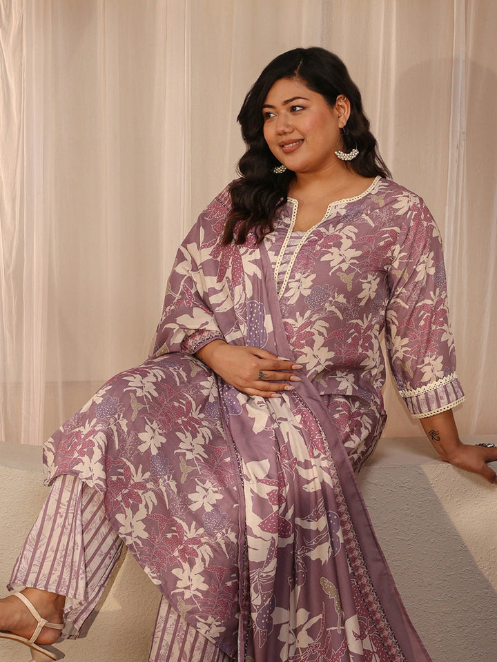Plus Size Lavender Floral Print Cotton Blend Straight Suit Set