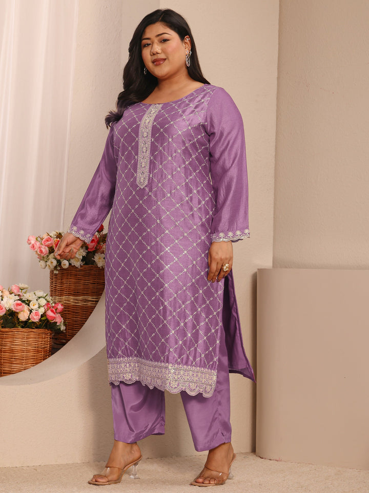 Plus Size Lavender Embroidered Silk Blend Straight Suit Set With Dupatta