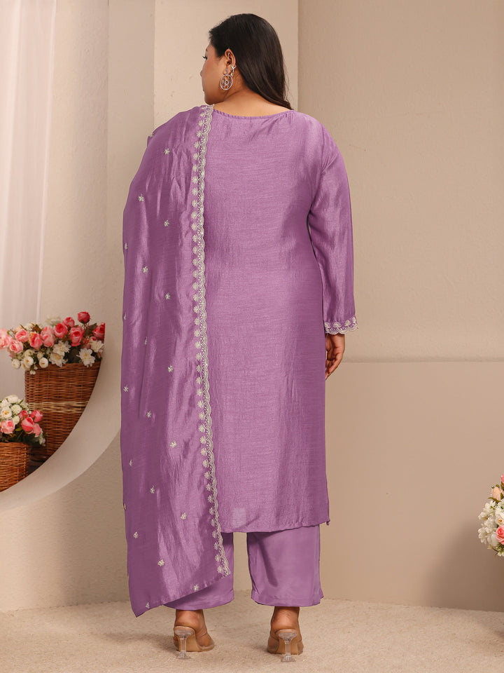Plus Size Lavender Embroidered Silk Blend Straight Suit Set With Dupatta