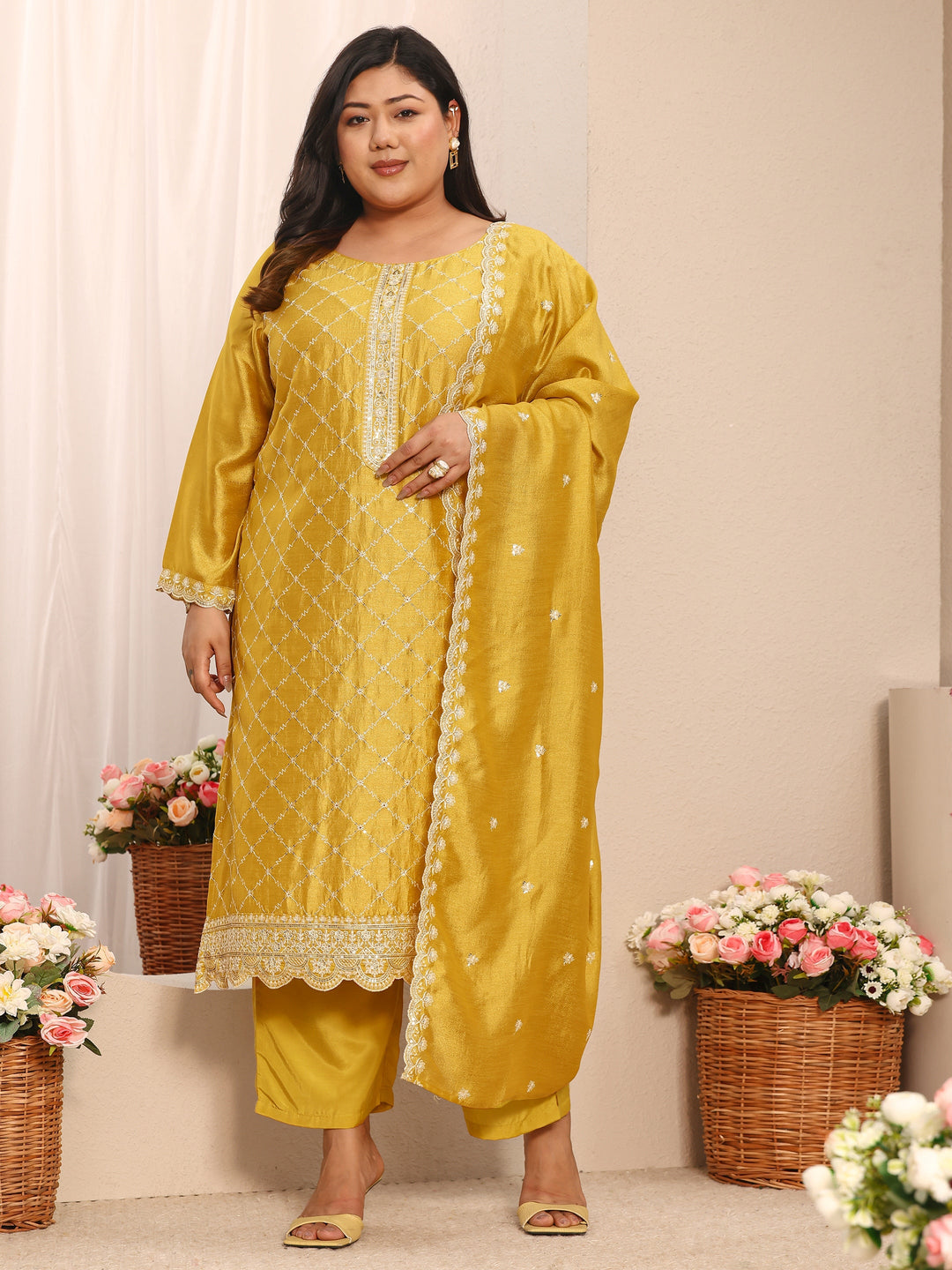 Plus Size Mustard Embroidered Silk Blend Straight Suit Set With Dupatta