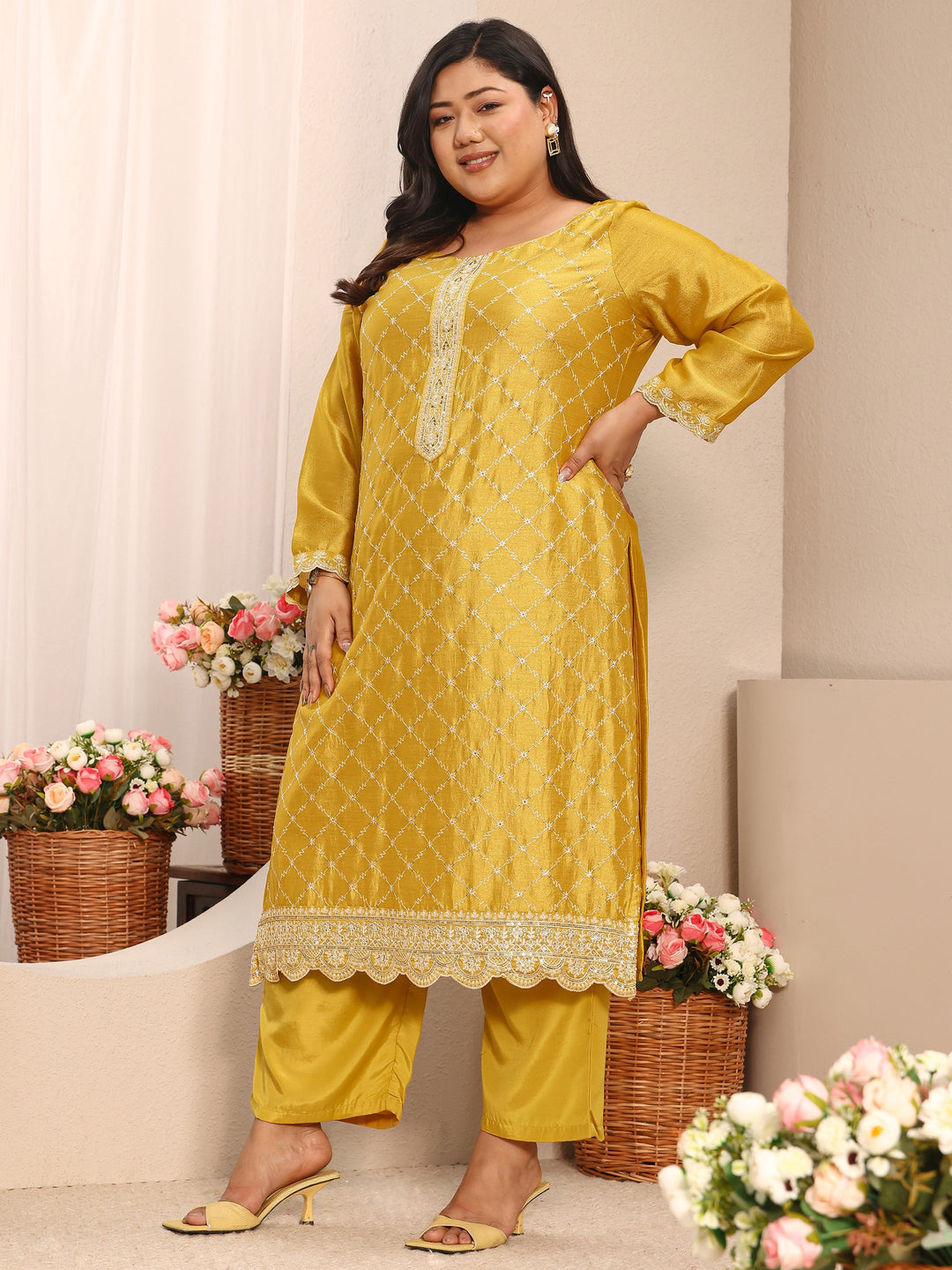 Plus Size Mustard Embroidered Silk Blend Straight Suit Set With Dupatta