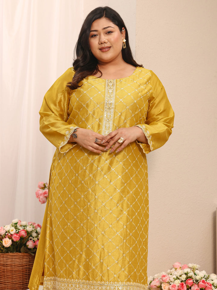Plus Size Mustard Embroidered Silk Blend Straight Suit Set With Dupatta