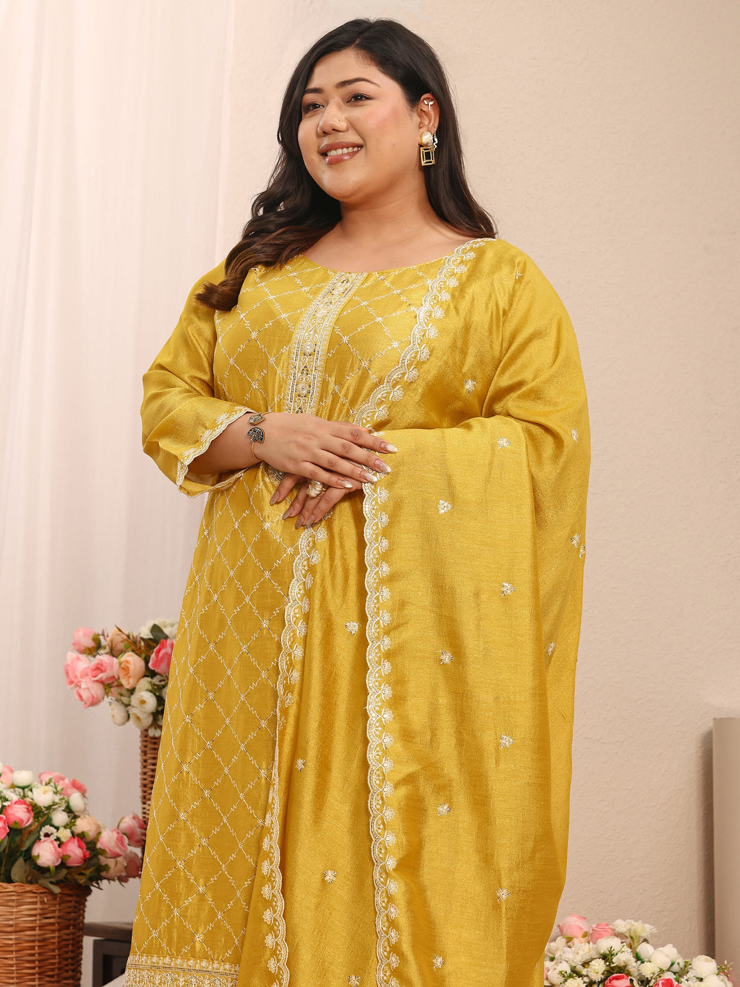 Plus Size Mustard Embroidered Silk Blend Straight Suit Set With Dupatta