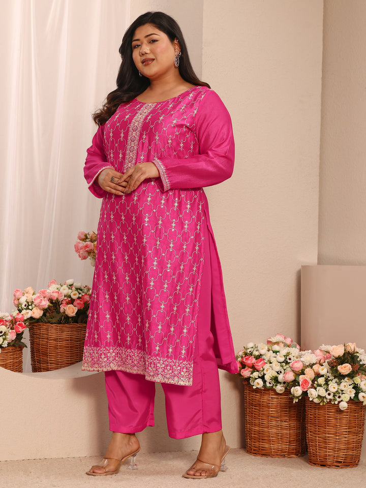Plus Size Pink Embroidered Silk Blend Straight Suit Set With Dupatta