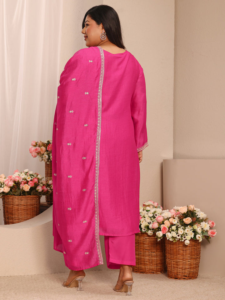 Plus Size Pink Embroidered Silk Blend Straight Suit Set With Dupatta