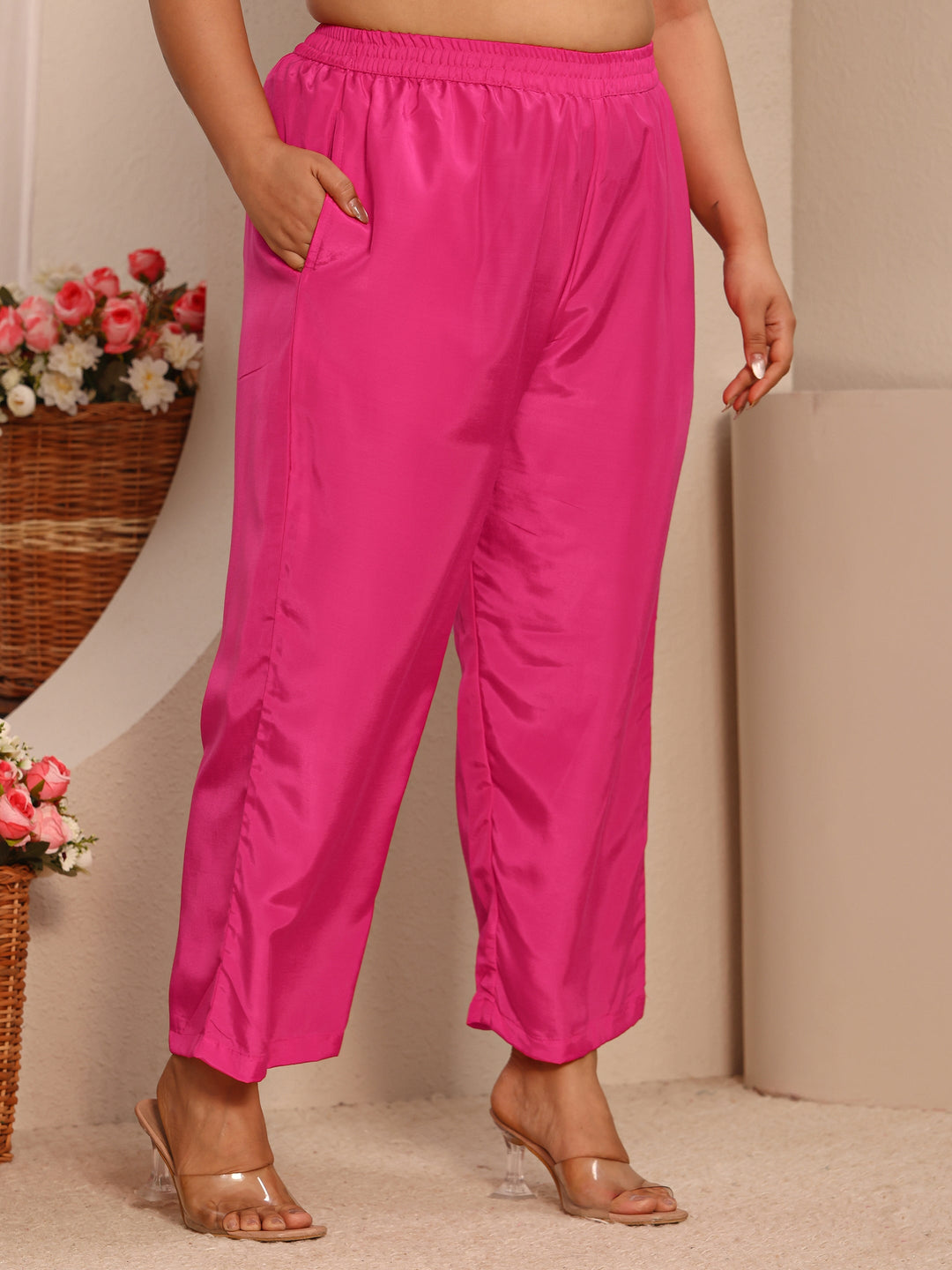 Plus Size Pink Embroidered Silk Blend Straight Suit Set With Dupatta