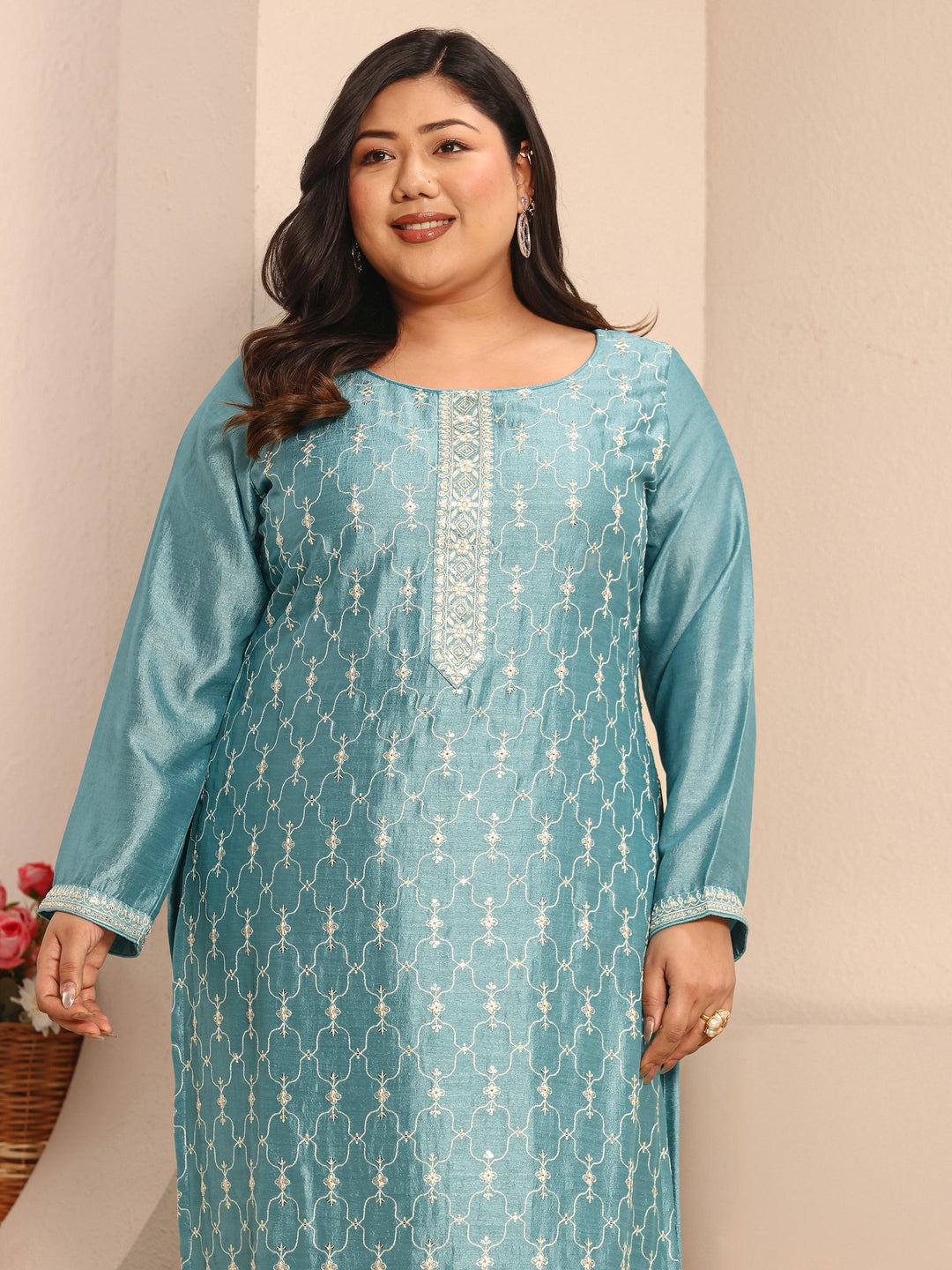 Plus Size Blue Embroidered Silk Blend Straight Suit Set With Dupatta