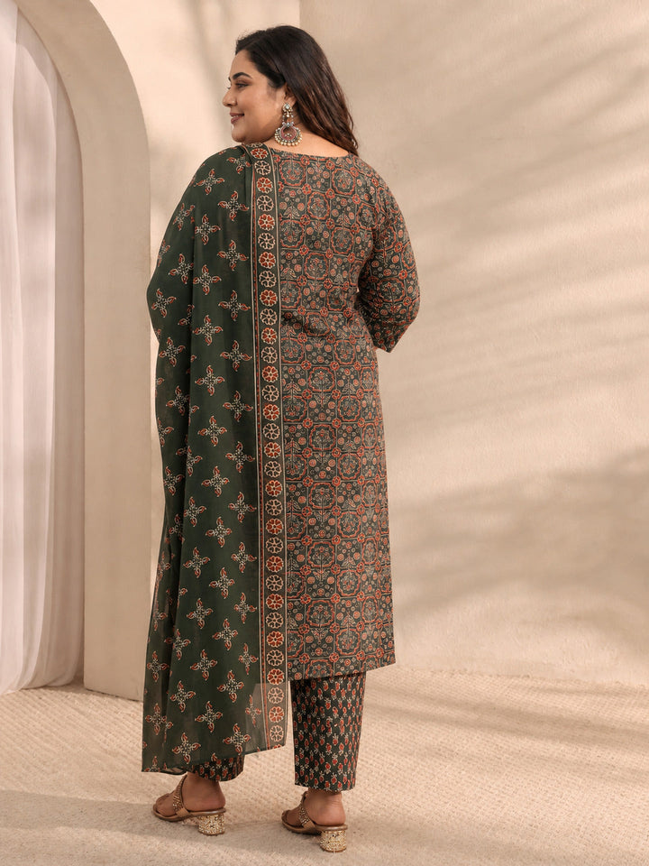 Plus Size Green Ajrak Printed Cotton Blend Straight Suit Set With Dupatta