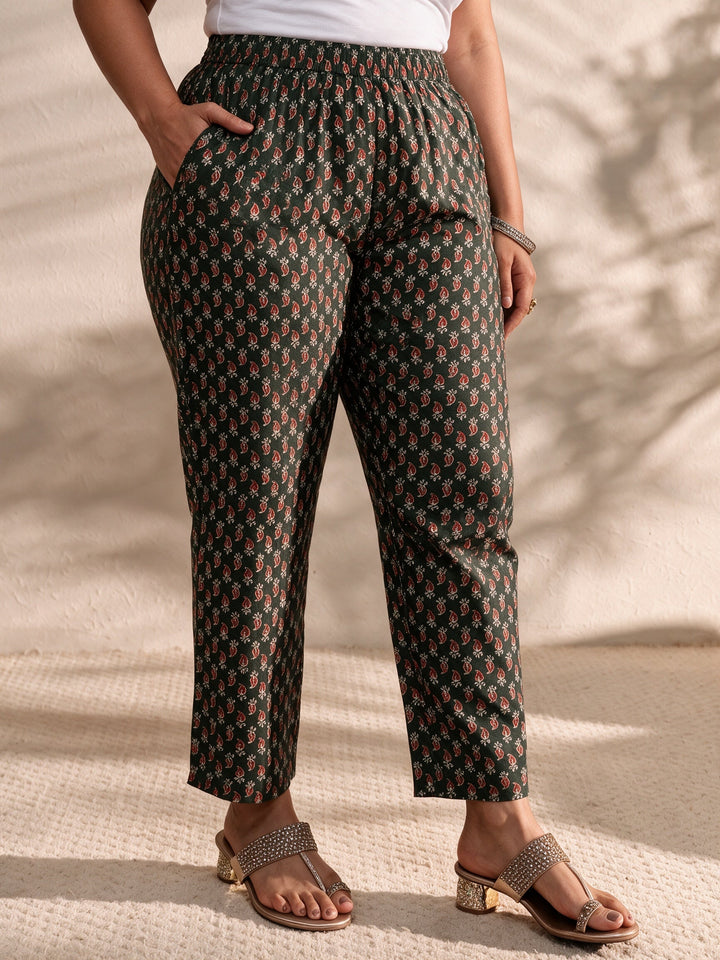 Plus Size Green Ajrak Printed Cotton Blend Straight Suit Set With Dupatta