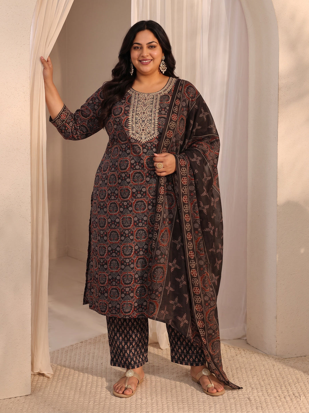 Plus Size Black Ajrak Printed Cotton Blend Straight Suit Set With Dupatta